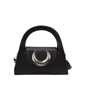 Minimalist black leather handbag with a stylish silver crescent buckle and top handle