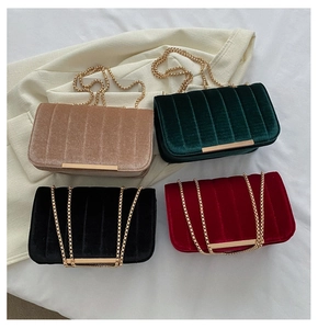 Chic velvet crossbody bags with quilted patterns and gold chains in four elegant colors
