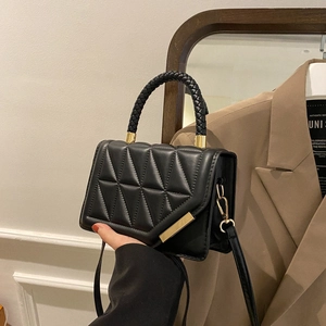 Fashion Women Quilted Rhombic Square Crossbody Bag With Woven Handle PU Leather Shoulder Bag Gold Hardware Handbag Daily