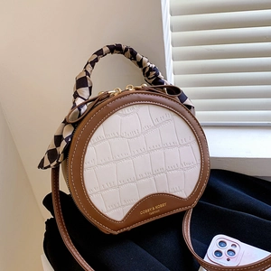 Women Vintage Crocodile Pattern PU Leather Round Shoulder Bag Fashion Handbag With Silk Scarf Crossbody Purse