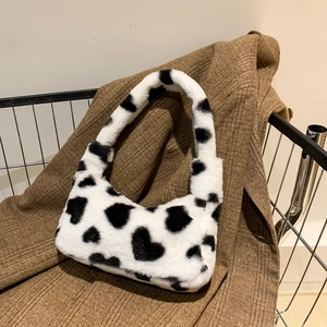 Women Cute Plush Handbag Sweet Heart Print Underarm Bag Fluffy Faux Fur Shoulder Bag Winter Small Fashion Travel Purse