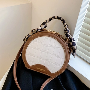Retro round crossbody bag in beige croc-embossed leather with silk scarf handle detail