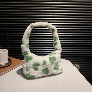 Cute black plush tote bag with green heart prints and soft faux fur material