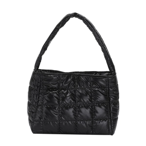Lightweight black quilted puffer tote bag with spacious interior and square stitching