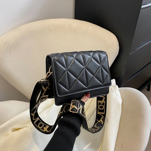 Women Rhombic Quilting Crossbody Bag Fashion PU Leather Square Handbag With Wide Printed Shoulder Strap Retro Daily Bag