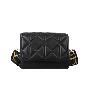 Black quilted crossbody bag with diamond texture and gold lettering on wide shoulder strap