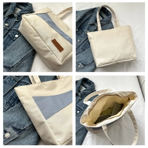 Detailed views of a beige and blue canvas tote bag showing interior lining and leather label