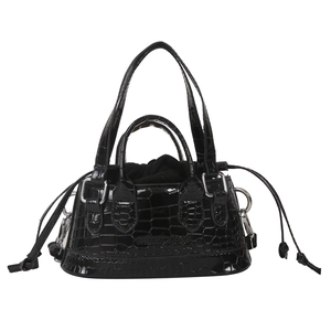 Classic black crocodile pattern leather tote bag with silver metal buckles and handles