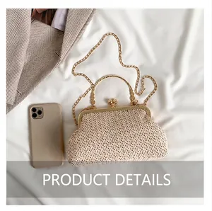 Detailed shot of beige woven shell bag with gold metal handle and vintage ball clasp