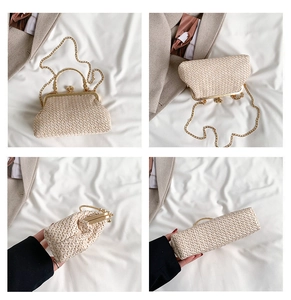 Detailed views of beige straw woven shell bag with gold metal handle and chain strap