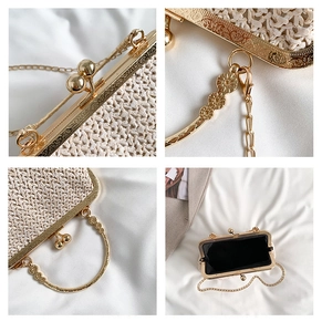 Detail of vintage beige woven bag with floral embossed gold metal frame and ball clasp