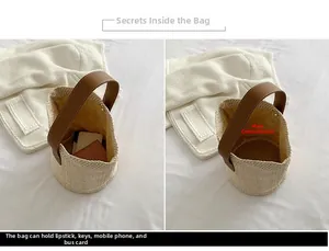 Detail view of woven straw bucket bag interior showing capacity for daily essentials