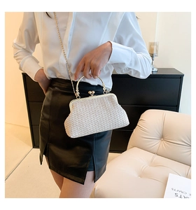 Detail of white woven shell bag with vintage gold kiss-lock clasp and metal chain strap