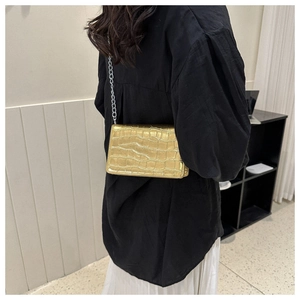 Detailed view of golden stone textured crossbody bag with silver chain strap on model