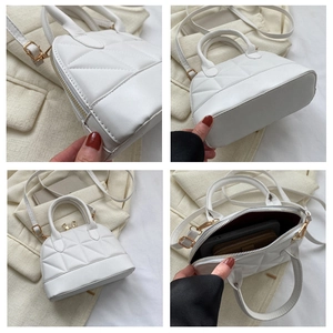 Detail shots of white quilted handbag showing gold hardware and internal storage capacity