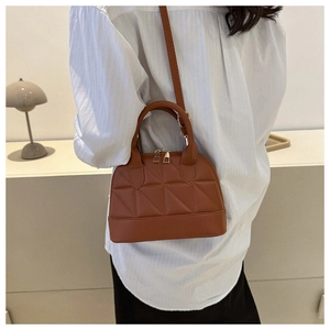 Quilted brown PU leather shell bag with dual zipper and adjustable shoulder strap