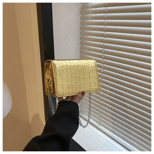 Close-up of golden crocodile pattern leather square bag with silver metal chain strap