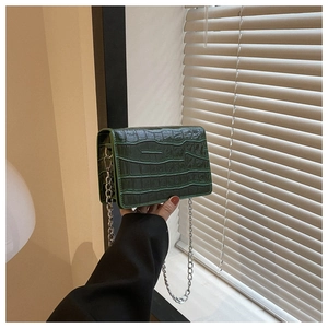 Detail of dark green crocodile texture on a small square bag with silver chain