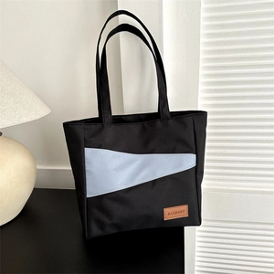 Women Minimalist Oxford Cloth Color Block Tote Bag Large Capacity Casual Shoulder Bag Fashion Leather Patch Geometric Design