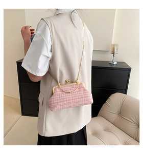 Pink tweed crossbody bag with golden chain strap and vintage clasp closure details