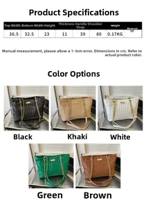 Detailed size chart and multi-color collage of quilted chain shoulder bags in PU leather
