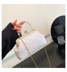 Detail of cream pleated crossbody bag with gold metal frame and decorative handle