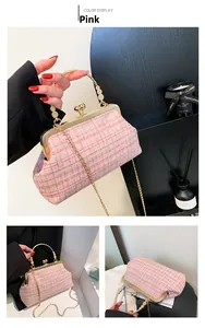 Pink tweed crossbody bag with golden bead handle and metal chain shoulder strap detail