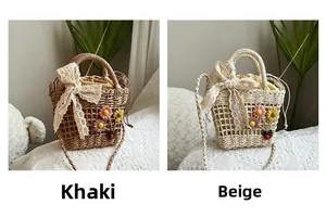 Detail of hand-woven straw bags in khaki and beige with lace bows and crochet flowers