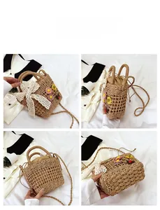 Four angles of handmade straw mini bag with lace bow and colorful floral accents