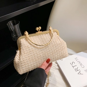 Vintage Woven Crossbody Bag For Women PU Leather Chain Strap Kiss-lock Shell Shoulder Bag Beige Khaki Casual Banquet Purse