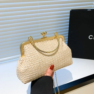 Minimalist cream raffia woven shell bag with gold metal frame and handle for women