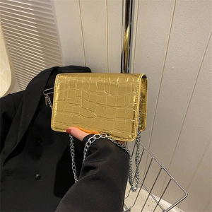 Golden stone pattern square chain bag with crocodile texture and metallic finish