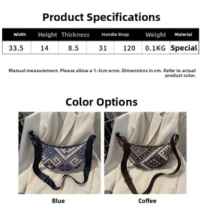 Dimensions détaillées du sac demi-lune en toile ethnique aux motifs bleus et bruns