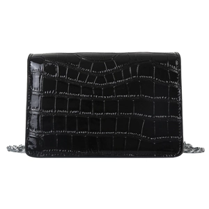 Minimalist black faux crocodile embossed square bag with silver chain strap