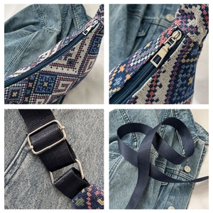 Détails du motif ethnique tissé et de la bandoulière en nylon réglable sur un sac en toile