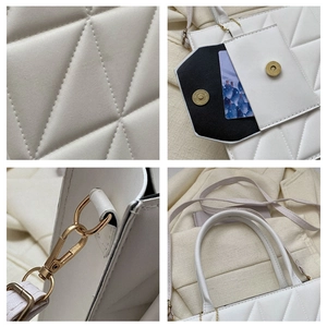 Detail shots of white quilted leather bag with gold hardware and magnetic card pocket