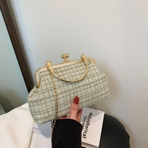 Vintage Tweed Plaid Kiss Lock Crossbody Bag For Women Elegant Evening Handbag With Metal Ring Handle And Gold Chain Strap
