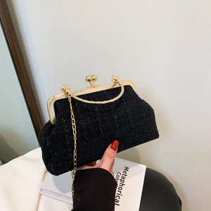Elegant black tweed crossbody bag with vintage gold chain and metal handle for women