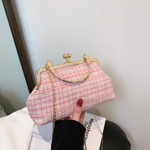 Pink tweed crossbody bag with golden handle and chain strap for women's fashion