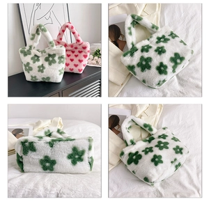 Detail shots of plush bucket bag showing white faux fur with floral and heart patterns