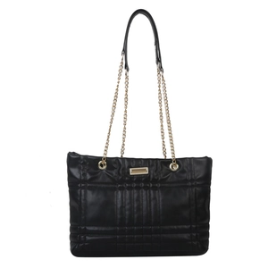 Classic black quilted tote bag with golden chain strap and minimalist metal plaque