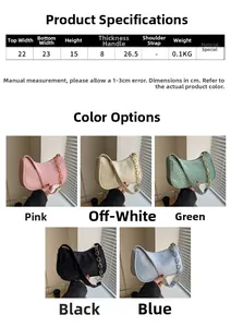 Detailed size specifications and five color options for the chain quilted underarm bag