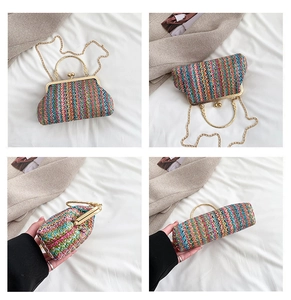 Detailed views of a colorful woven handbag with gold metal frame and chain strap