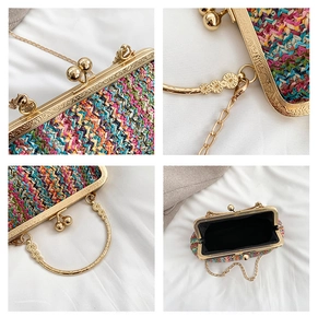Macro detail of multi-color woven texture and gold metal floral handle on the shell bag