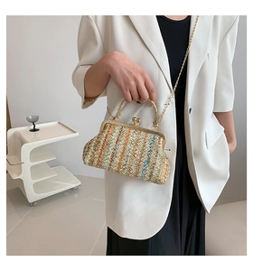 Detail of multi-color woven handbag with gold metal clasp and chain strap on a model