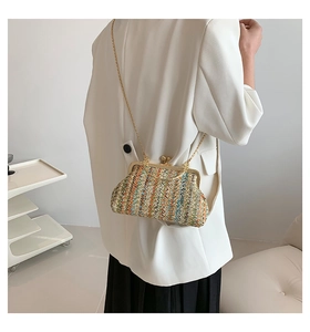 Detail showing the colorful woven texture and gold metal clasp of the shell chain bag