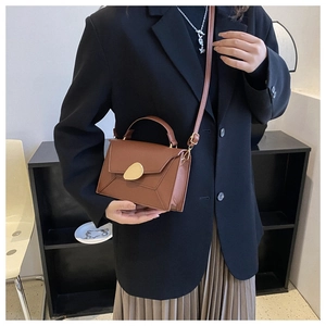 Détail d'un sac à main marron bicolore avec boucle en métal doré et poignée supérieure