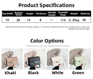 Detailed size chart and multi-color specifications for the crescent moon crossbody bag