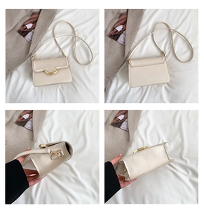 Detailed views of cream PU leather crossbody bag with golden horseshoe buckle and strap
