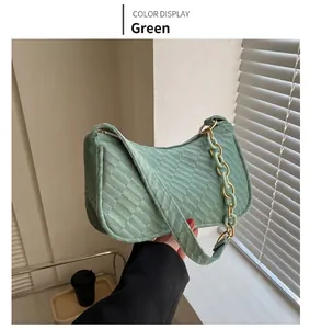 Detail of mint green chain shoulder bag with grid texture and resin link strap